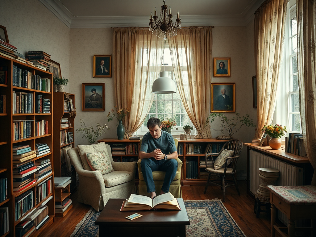 Мужчина сидит в уютной комнате с библиотекой, читая книгу и наслаждаясь атмосферой спокойствия.