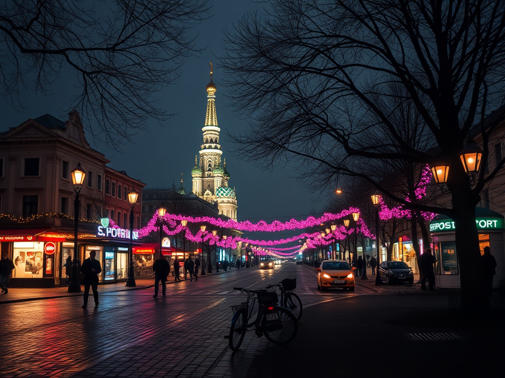 Улица в ночное время, украшенная розовыми огнями, видна церковь на фоне. Прохожие и машины в движении.