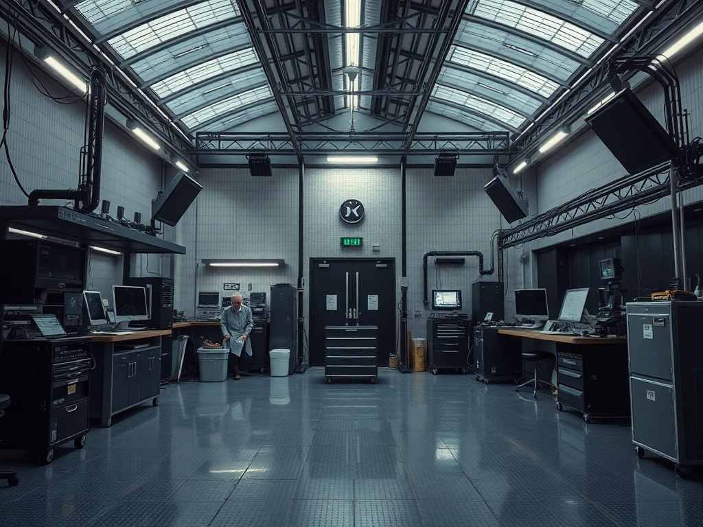 Современная лаборатория с компьютерным оборудованием и одним человеком на фоне. Светлое, открытое пространство.