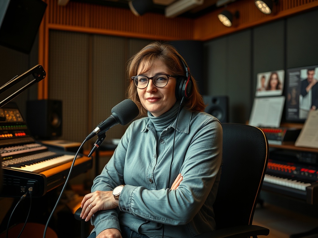 Женщина в наушниках улыбается и сидит в звукозаписывающей студии рядом с музыкальным оборудованием.