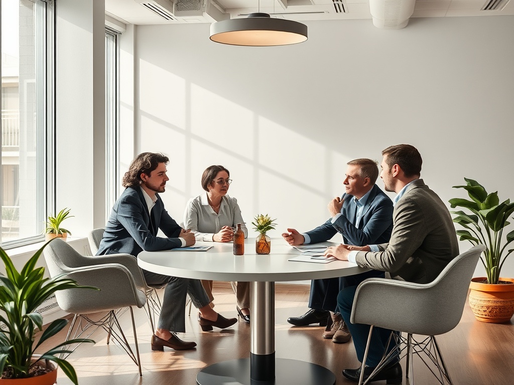 В офисе проходят деловые переговоры. Четыре человека обсуждают проект за круглым столом.