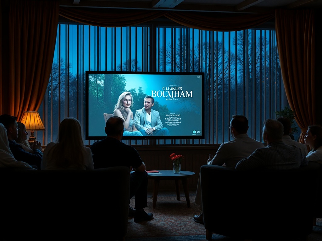 Группа людей смотрит фильм в уютной комнате с большими окнами и мягким освещением.