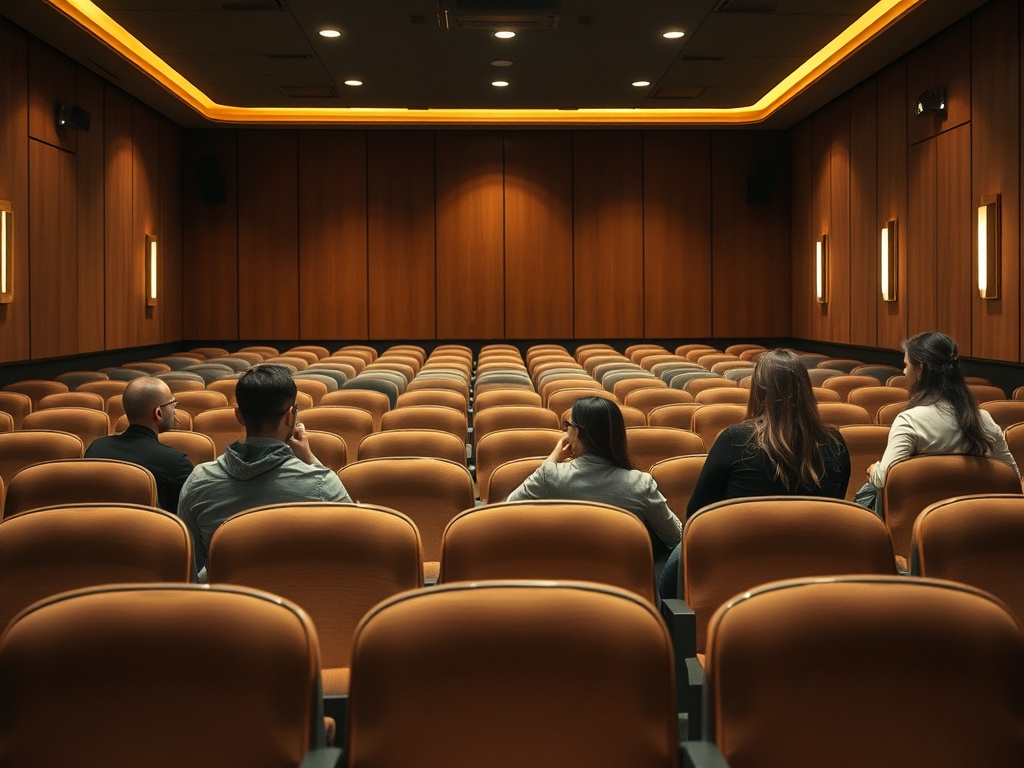 Пять человек сидят в полупустом кинотеатре с деревянными стенами и мягкими оранжевыми креслами.