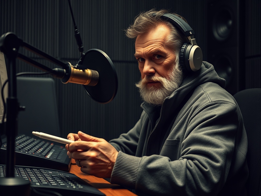 Человек с бородой в наушниках у микрофона, работает за столом в студии звукозаписи.