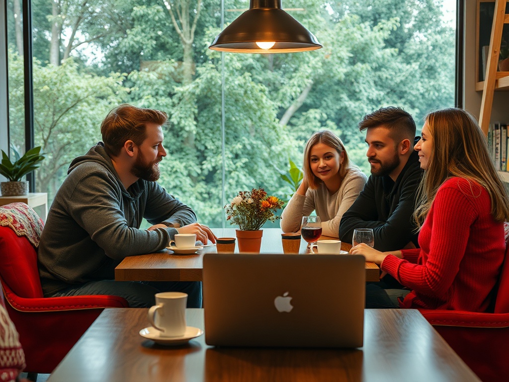 Четыре человека общаются за столом в кафе, на столе цветы и ноутбук, за окном видны деревья.