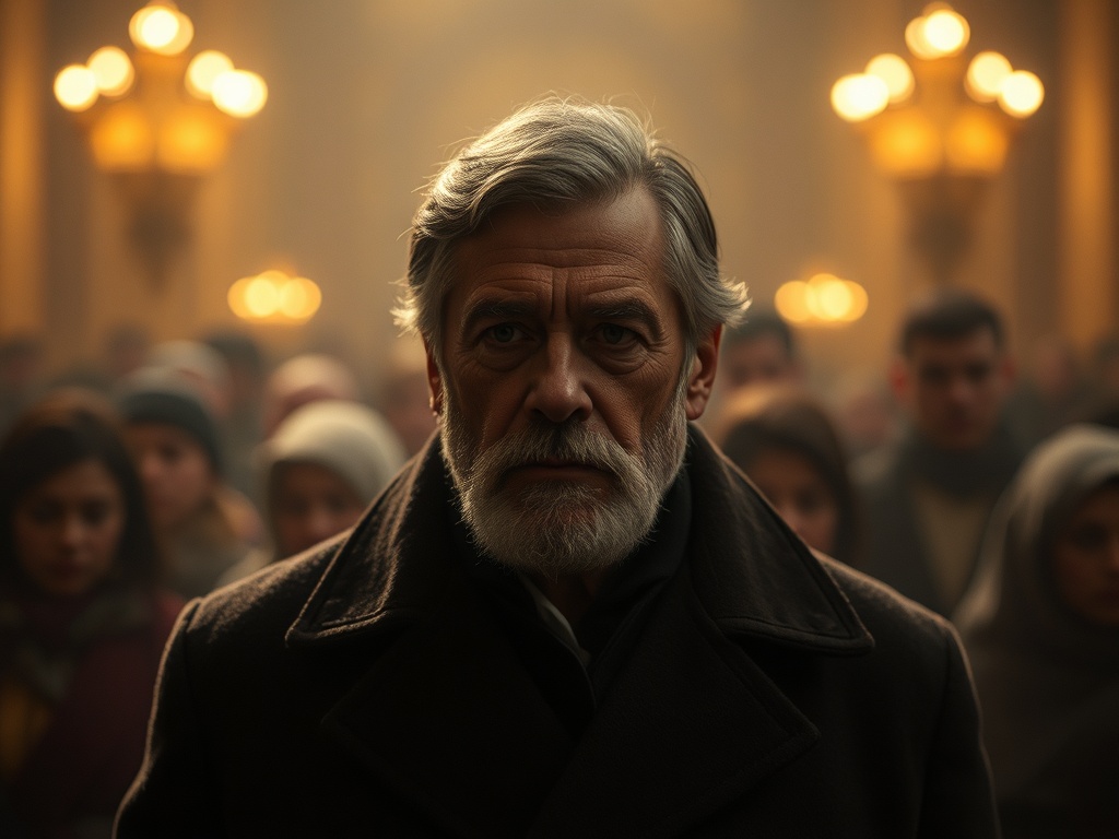 На переднем плане мужчина с седой бородой, за ним множество людей в тёмной обстановке.