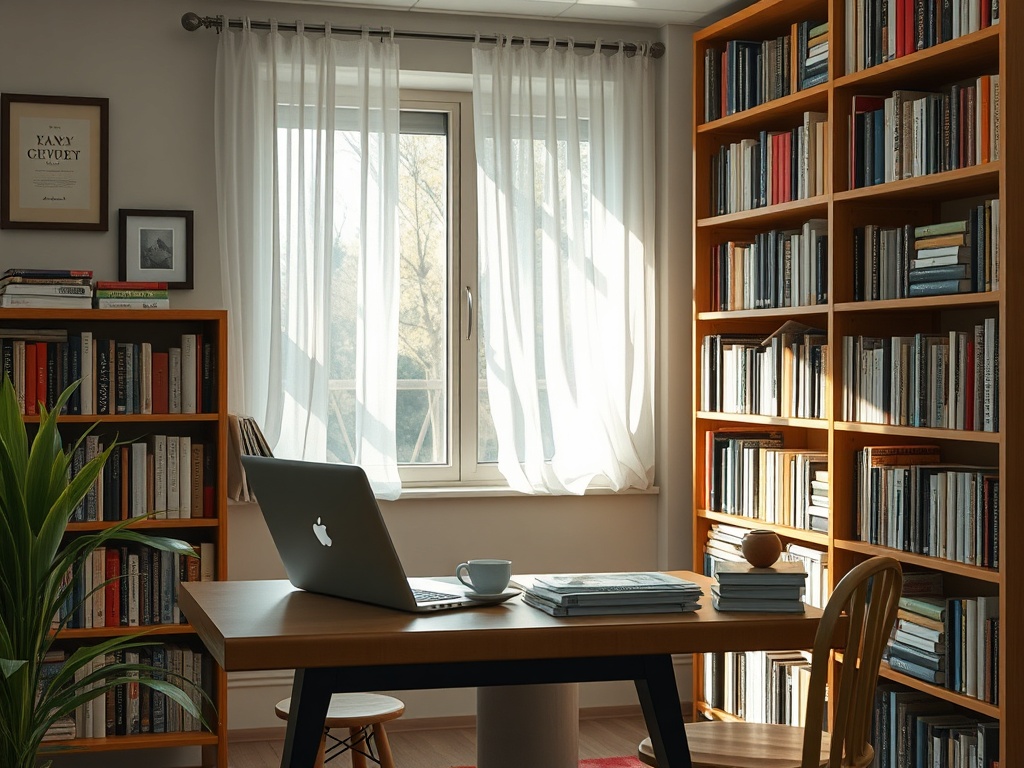Современный кабинет с библиотекой, столом, ноутбуком и растением, освещённый солнечным светом.