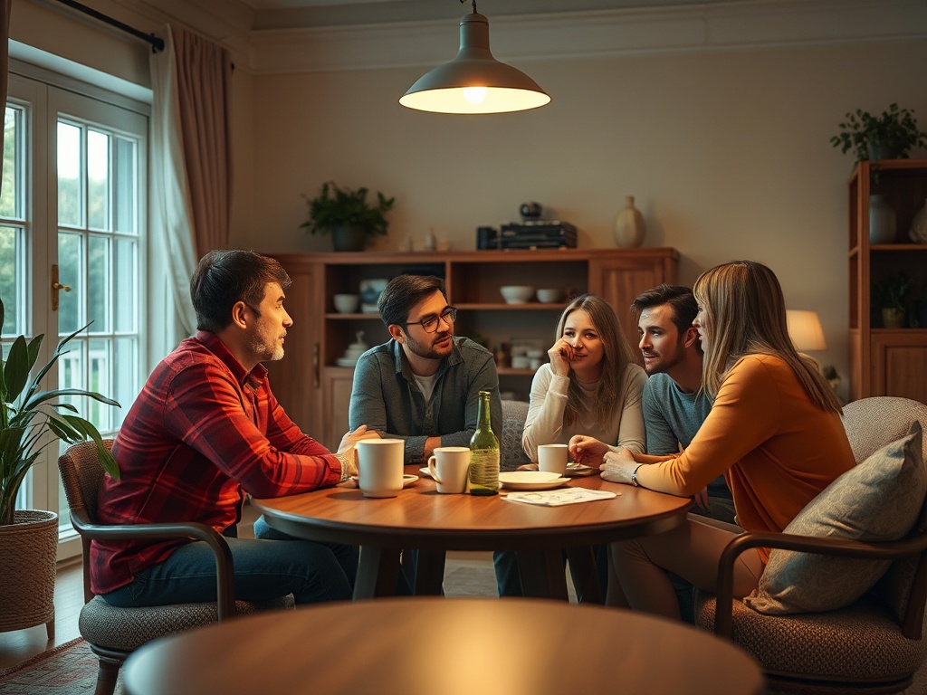 Группа друзей обсуждает что-то за столом, на столе стоят чашки и бутылка. Атмосфера дружелюбная.