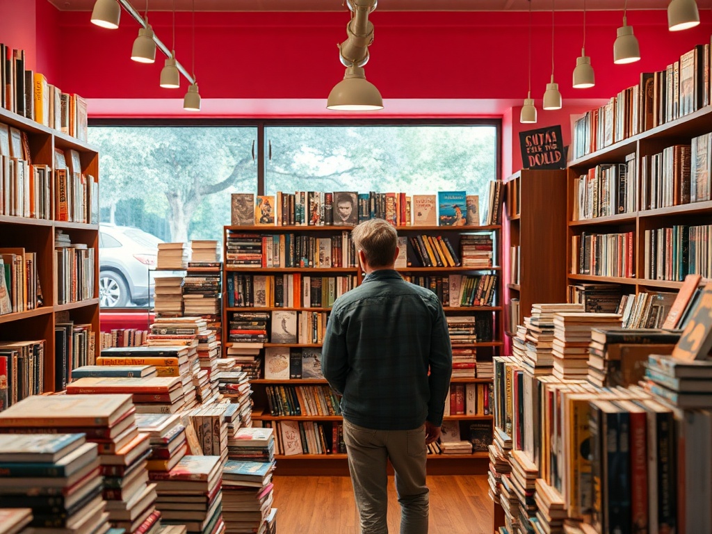 Мужчина стоит среди полок с книгами в книжном магазине с розовыми стенами. За окном видна машина.
