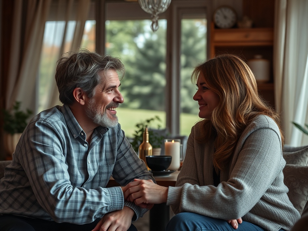 Два человека смеются и смотрят друг на друга, сидя в уютной комнате с домашней атмосферой.