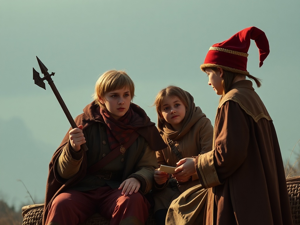 На картине трое детей в средневековой одежде, обсуждают что-то на фоне природы. Один держит копье.