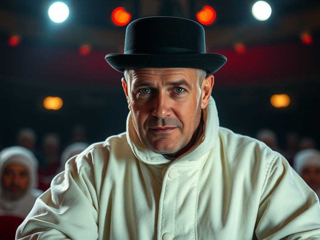 На изображении мужчина в белом пальто и черной шляпе сидит в театре, на фоне размытых зрителей.