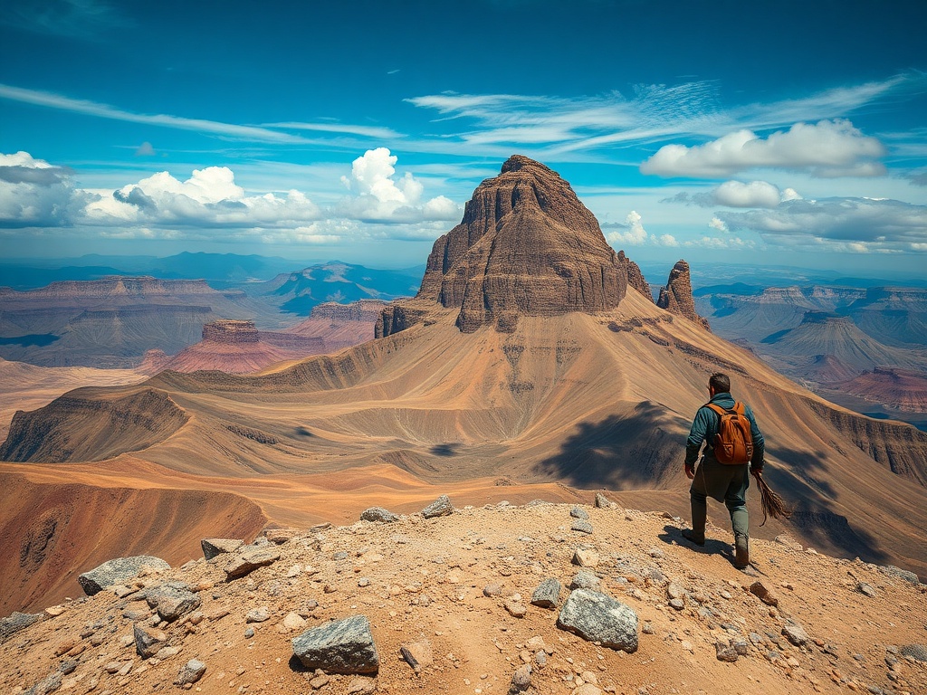 Путешественник стоит на вершине горы, любуясь величественным ландшафтом и облаками.