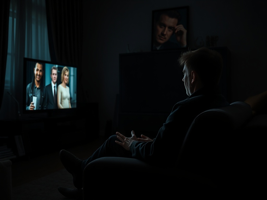 Мужчина сидит на диване, смотрит телевизор, в темной комнате видны персонажи фильма.