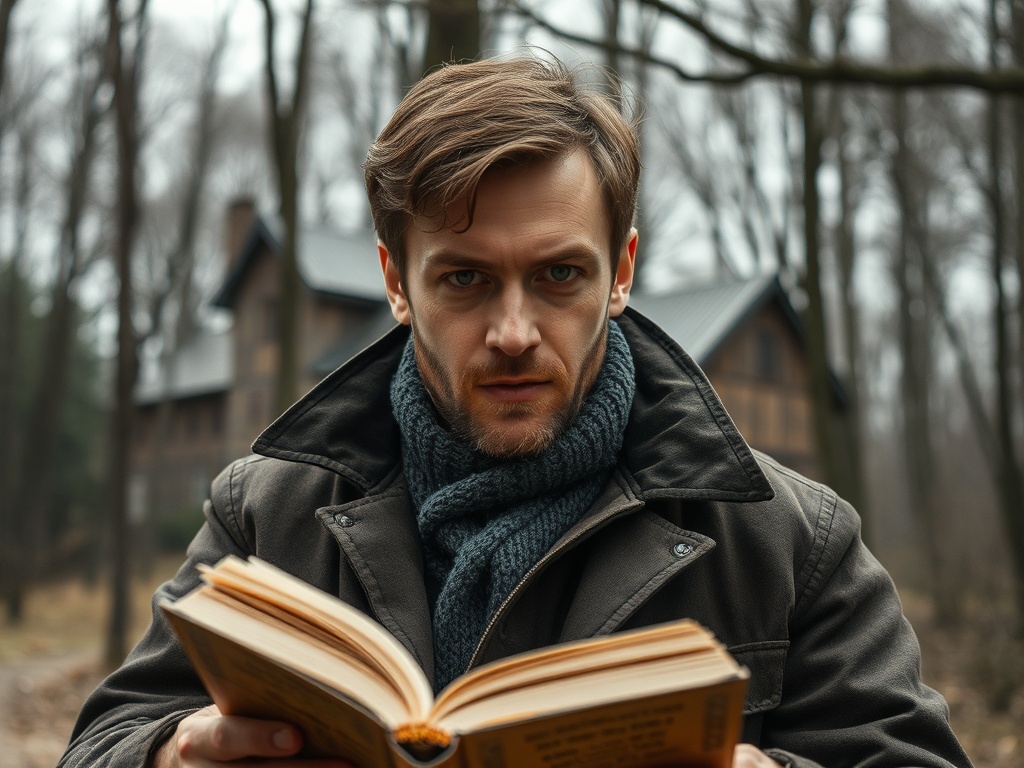 Мужчина в теплой одежде читает книгу на фоне леса и деревянного дома. Его взгляд сосредоточен и насторожен.