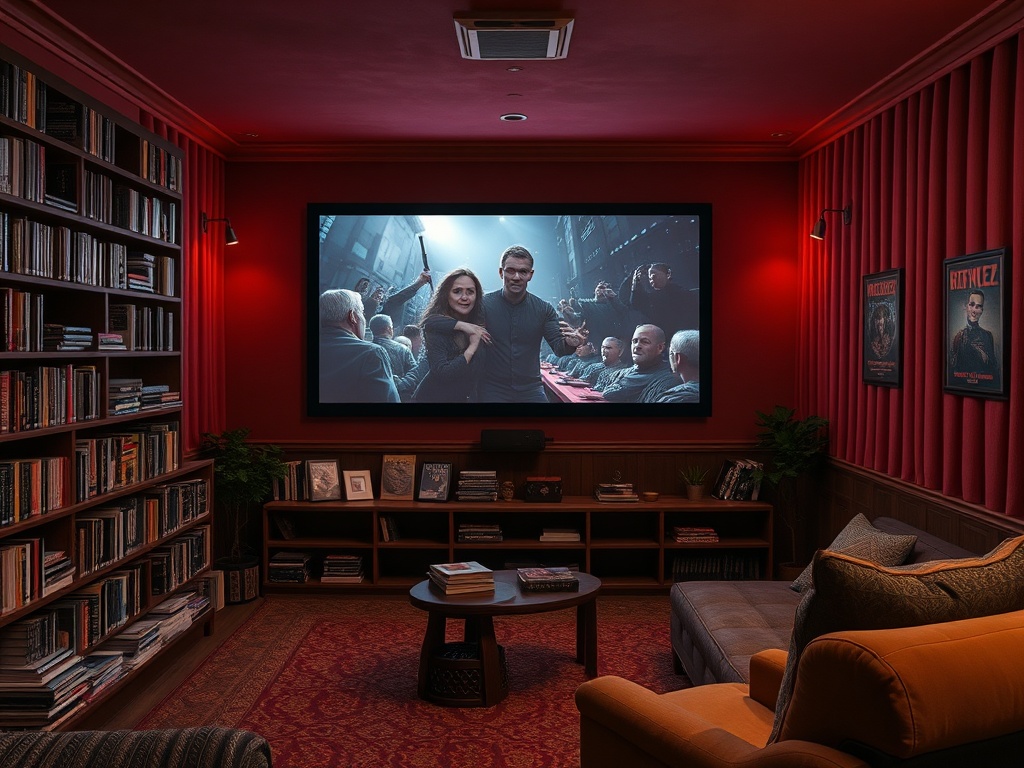 Уютная комната с книгами и большим экраном, показывающим сцену из фильма. Тёплый свет и комфортная мебель.