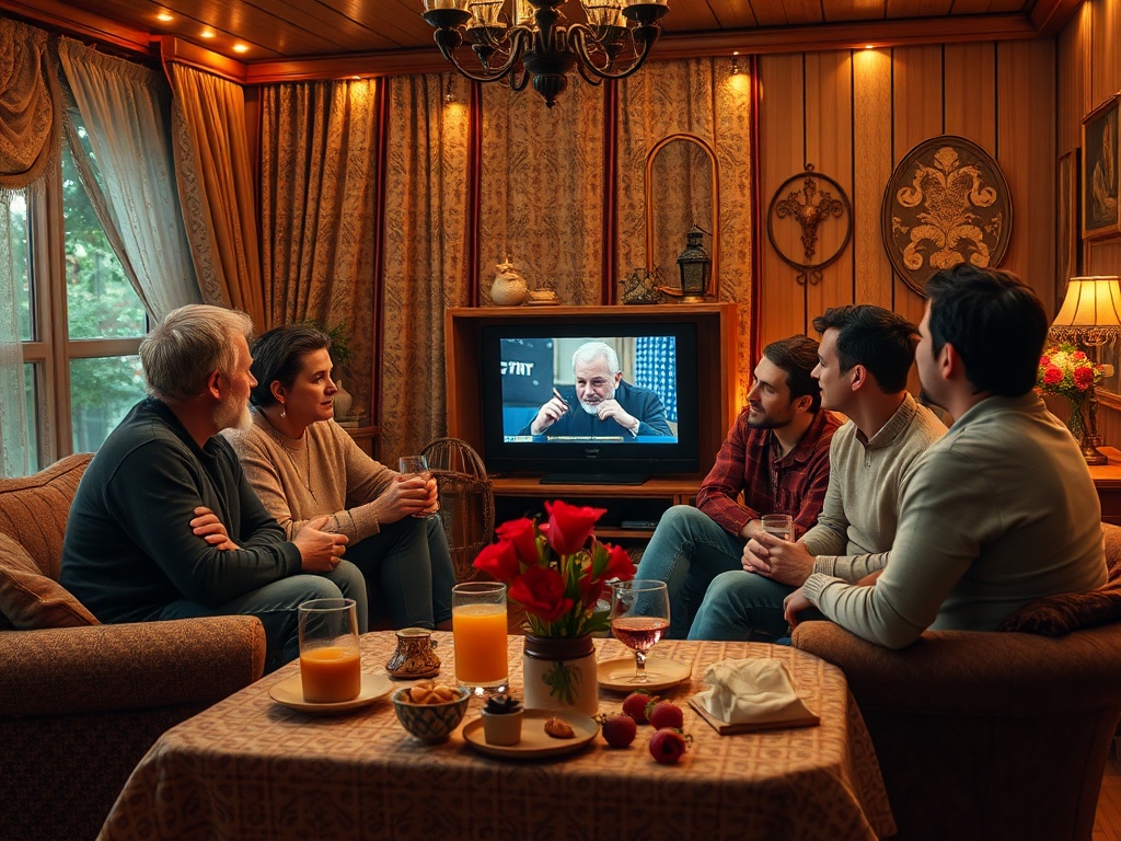 Группа людей смотрит телевизор в уютной комнате с мягким светом и декором. На столе напитки и закуски.