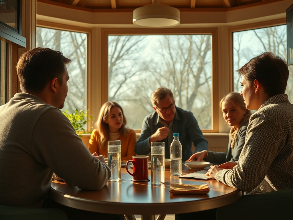 Группа людей обсуждает что-то за круглым столом, вокруг большое окно с видом на природу.
