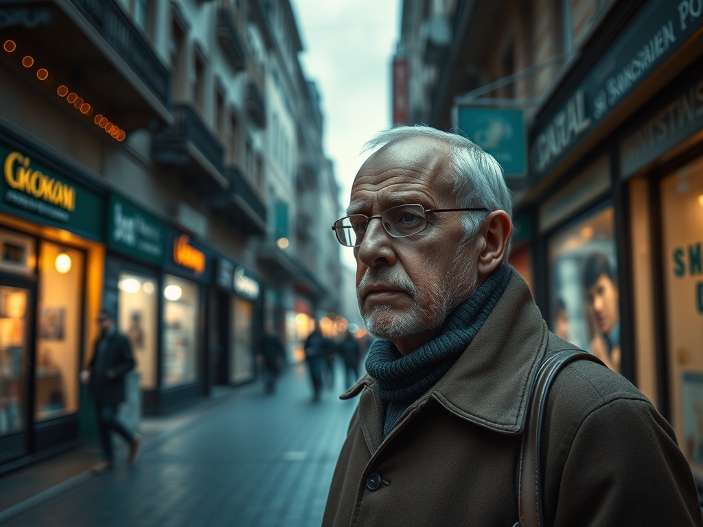 На улице пожилой мужчина в очках смотрит вдаль, вокруг него магазины и прохожие. Настроение задумчивое.
