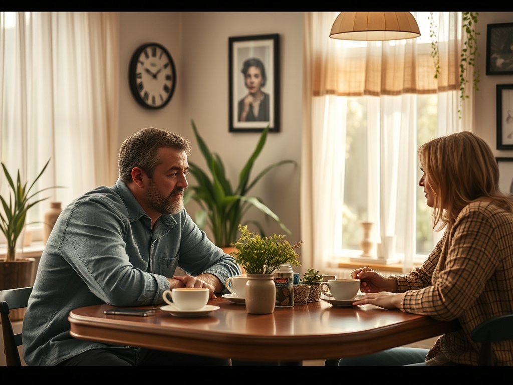 Два человека за столом с чашками кофе, обсуждают что-то важное в уютной обстановке дома.