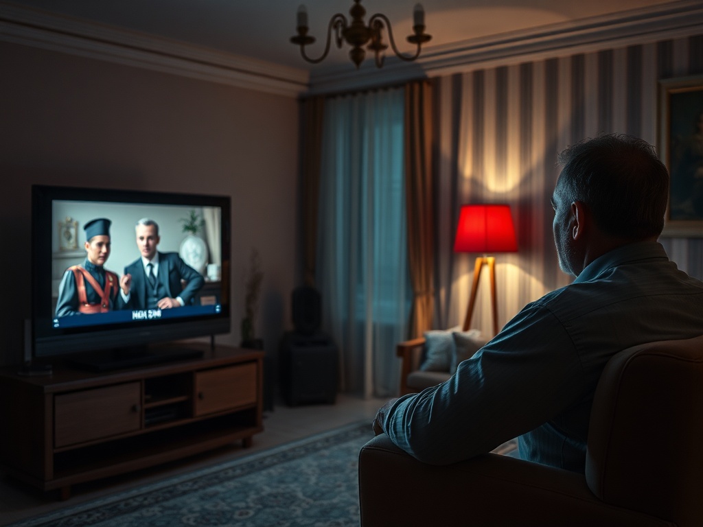 Мужчина смотрит телевизор в темной комнате, на экране — сцена с двумя персонажами в костюмах.