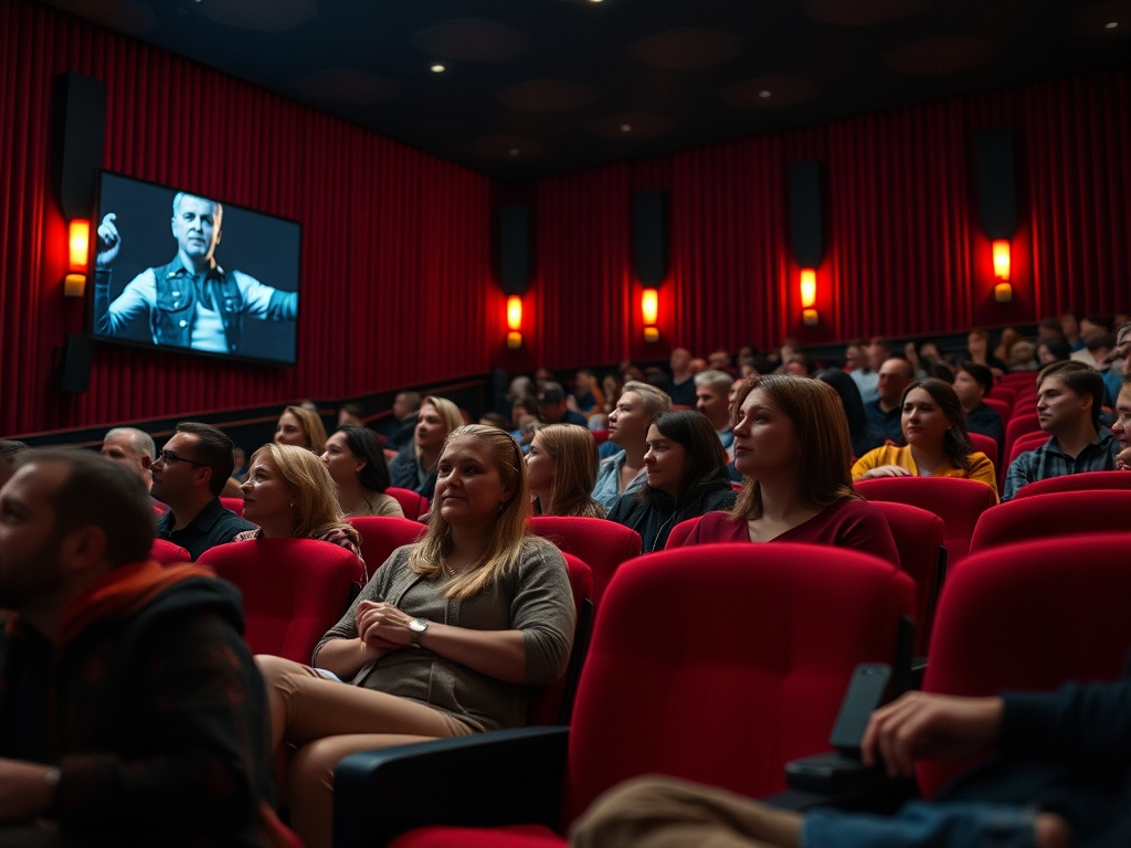 В зале кинотеатра зрители внимательно смотрят на экран, где изображен человек. Окружающая атмосфера напряженная.