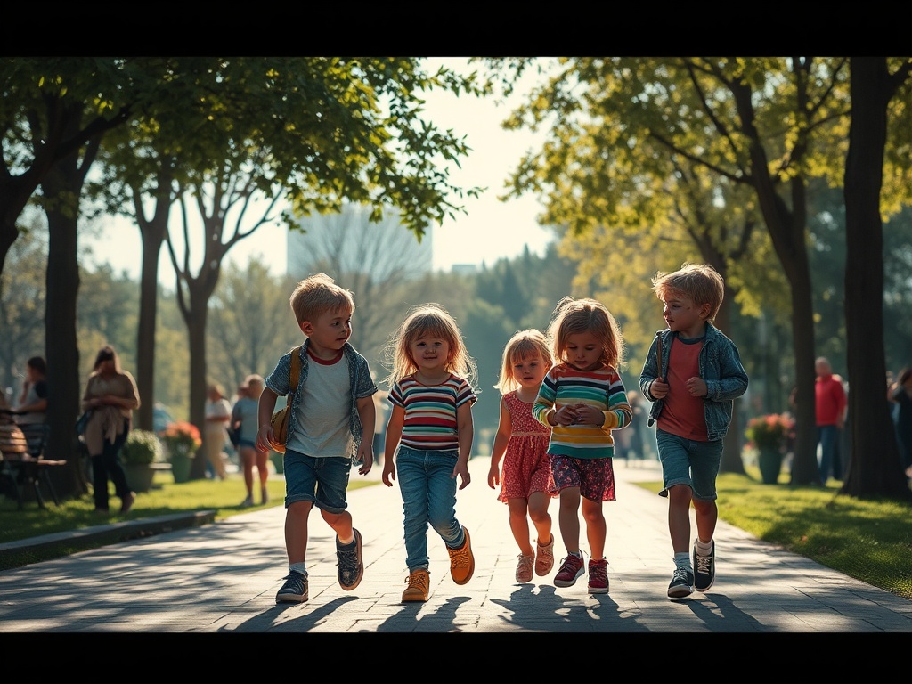 Пятеро детей гуляют по парку, окруженные зелеными деревьями и играющими людьми. Светло и радостно.