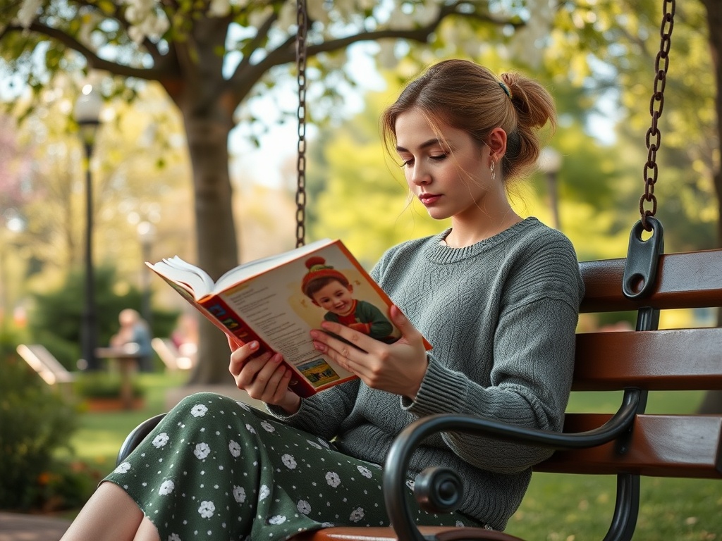 Девушка читает книгу на качелях в парке, окруженная зеленью и мягким светом.