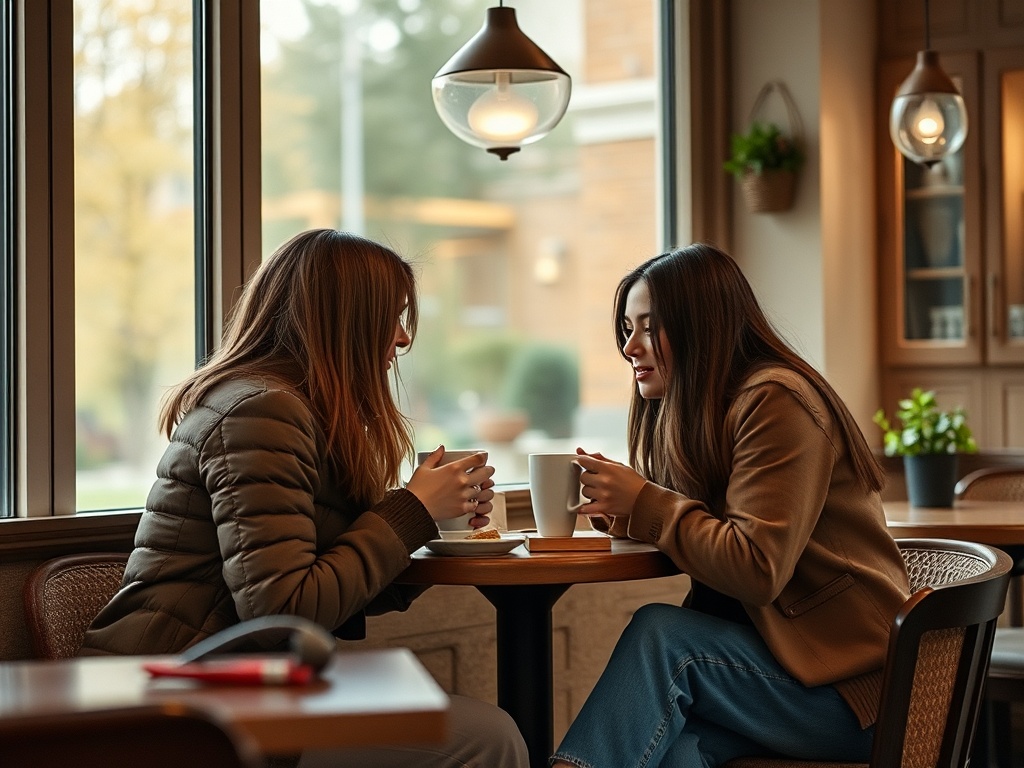 Две девушки сидят за столиком в кафе и пьют кофе, смотря друг на друга с улыбками.