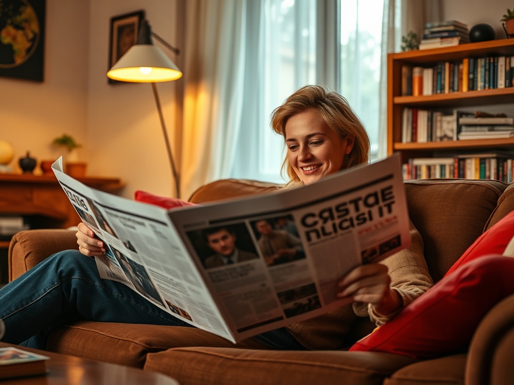 Женщина читает газету, сидя на диване в уютной комнате с книжными полками. Она улыбается, наслаждаясь чтением.