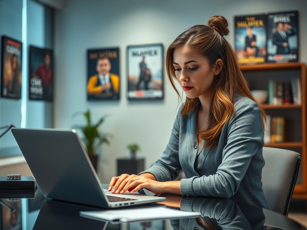 Молодая женщина в офисе работает за ноутбуком, сосредоточившись на своих задачах. На стенах плакаты.