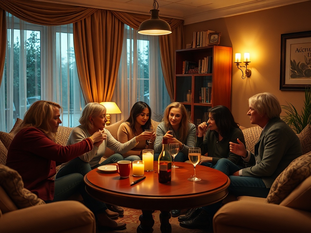 Группа женщин общается в уютной гостиной при мягком свете, на столе напитки и закуски.