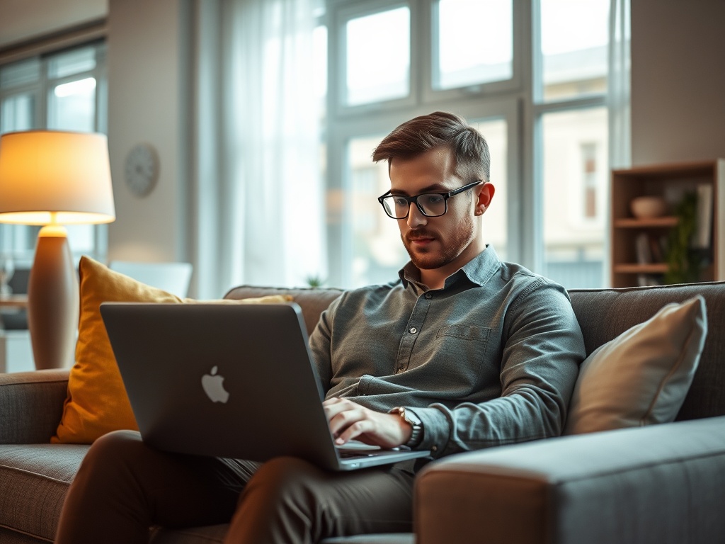 Мужчина работает на ноутбуке, сидя на диване в уютной гостиной с мягким светом и яркими подушками.