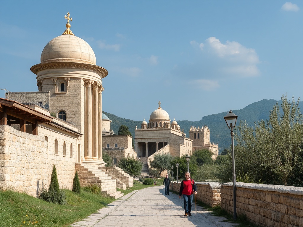 На пешеходной улице стоят здания с куполами, люди прогуливаются под ясным небом.