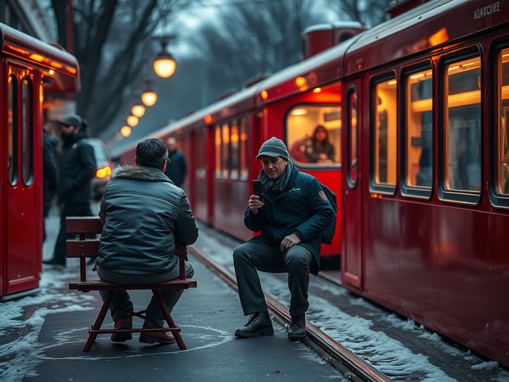 На станции сидят мужчины, рядом идут красные поезда. Зима, снежный пейзаж и вечернее освещение.