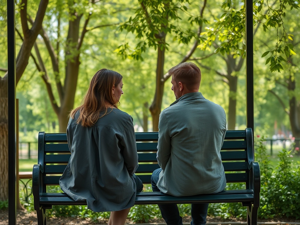 Два человека сидят на скамейке в парке, окруженные зеленью и деревьями, разговаривая друг с другом.