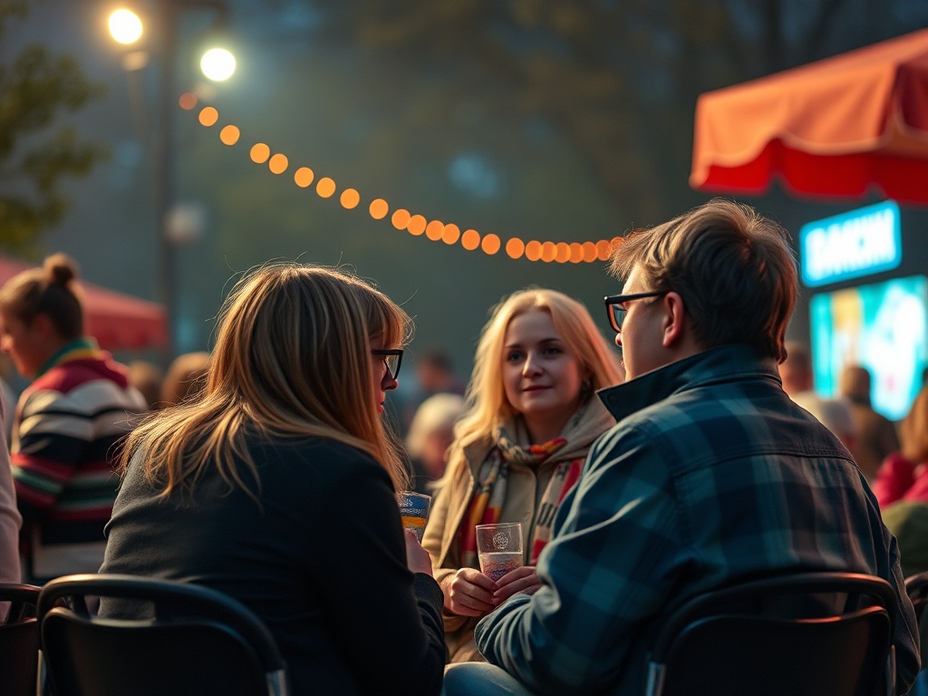 Трое людей общаются на фонарной улице, окруженные мягким светом и атмосферой праздника.