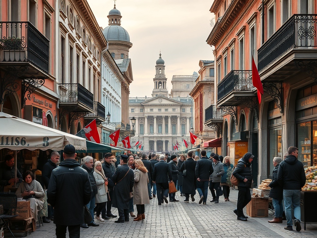 На узкой улице с магазинами и палатками много людей и флаги. На заднем плане виден исторический здание.