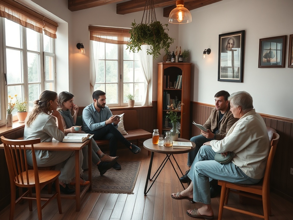 Группа людей обсуждает что-то важное в уютной комнате с большими окнами и домашней атмосферой.