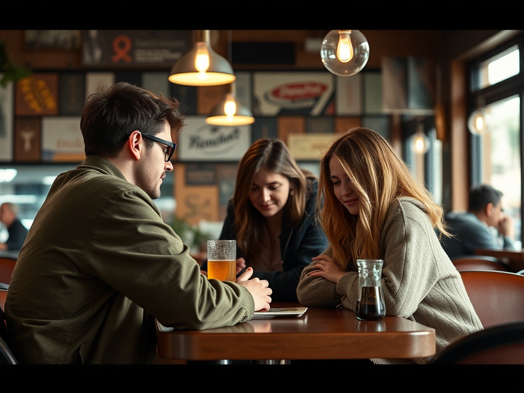 Трое людей сидят за столом в кафе, обсуждая что-то, на столе напитки и планшет.