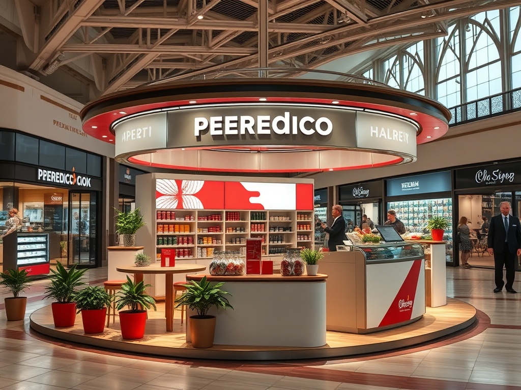 Современный магазин PEEREDICO в торговом центре с яркими товарами и посетителями. Стильный дизайн и уютная атмосфера.