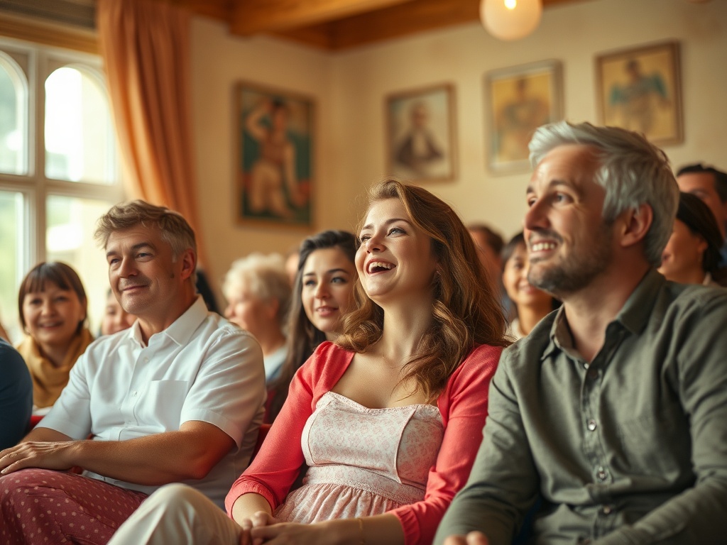 Группа людей в зале, смеются и улыбаются, наслаждаясь мероприятием или представлением.