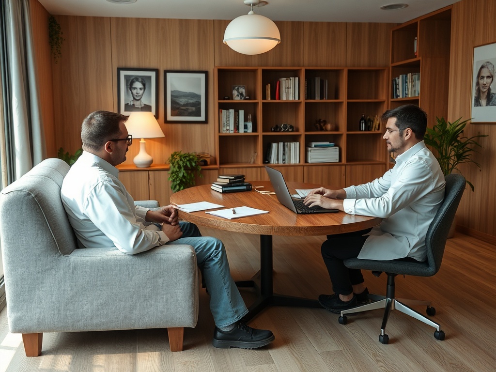 Два человека сидят за столом в офисе, один работает на ноутбуке, другой слушает. Спокойная атмосфера.