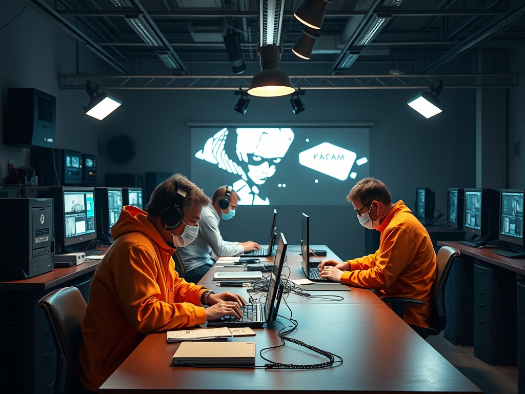 На изображении три человека в наушниках, работающие за компьютерами в освещенном помещении.