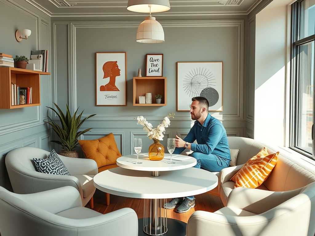 Человек сидит в стильной комнате с ярким декором и столом, с напитком и цветами на столе.
