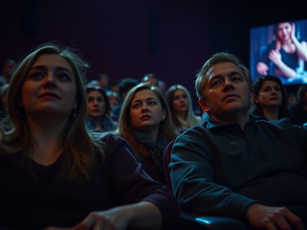Зрители в зале кинотеатра внимательно смотрят на экран, освещая их лица мягким светом.
