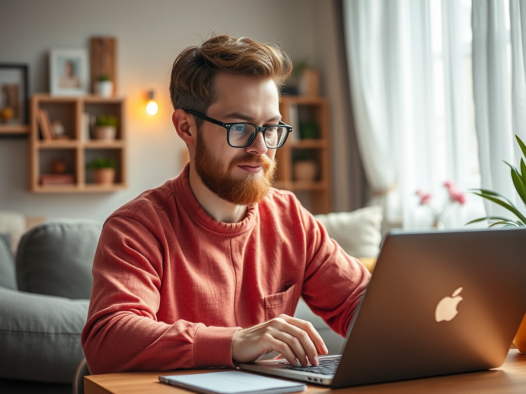 Молодой человек с бородой работает за ноутбуком, погруженный в свои мысли, в уютной обстановке.