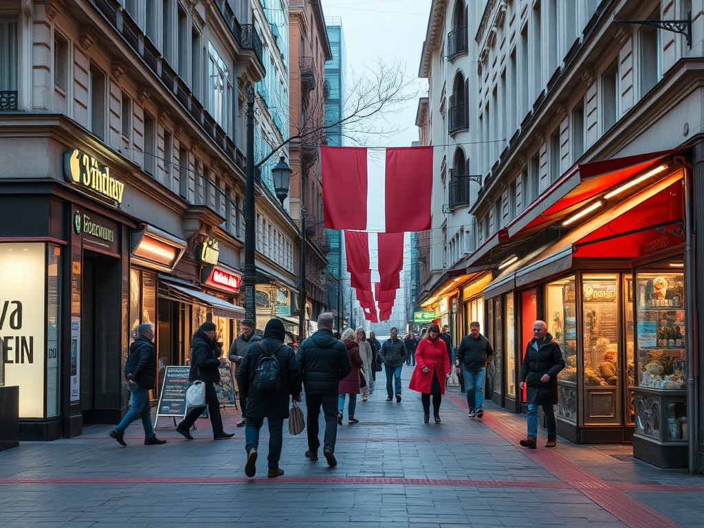 Улица с людьми, флагами и магазинами. Вечерняя атмосфера, красные акценты и освещение.