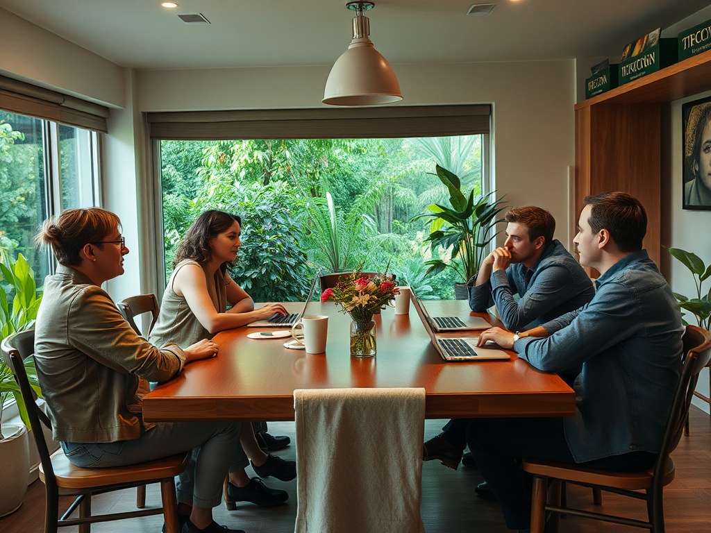 На картинке группа людей обсуждает идеи за столом, окружённым зеленью и компьютерами.