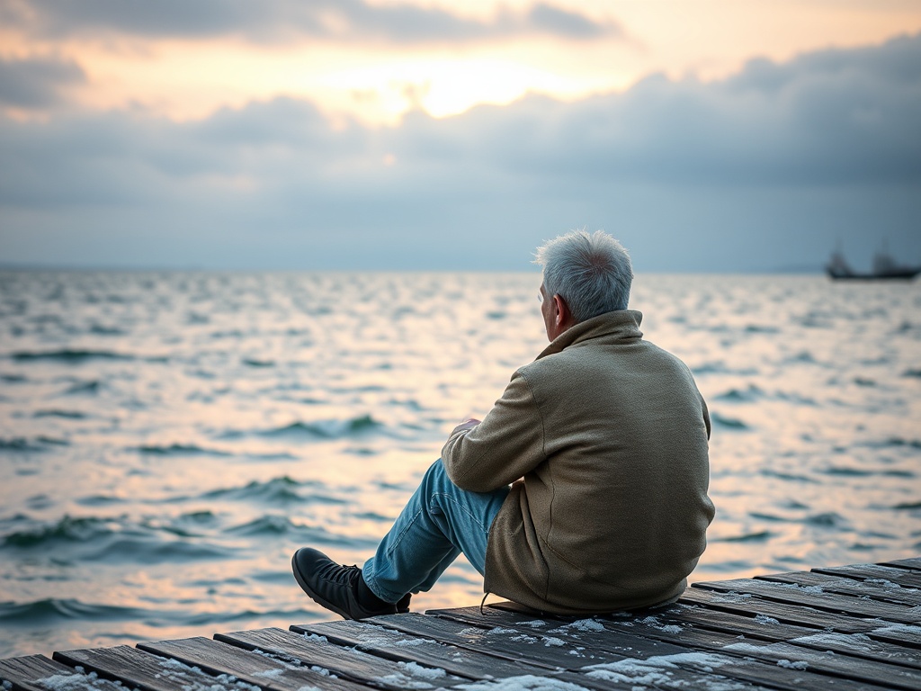 Человек с седыми волосами сидит на пирсе, глядя на спокойное море на фоне заката.